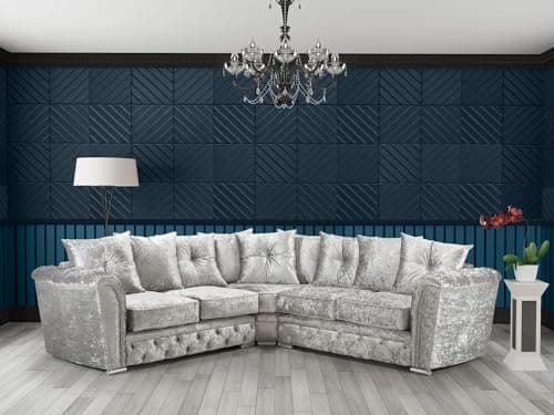 Image of Luxury Chesterfield Silver Crushed Velvet Fabric 5 Seater Corner sofa Settee - Cheap Large 2C2 Suites & Couches for Living Rooms-101 (Sliver Velvet)