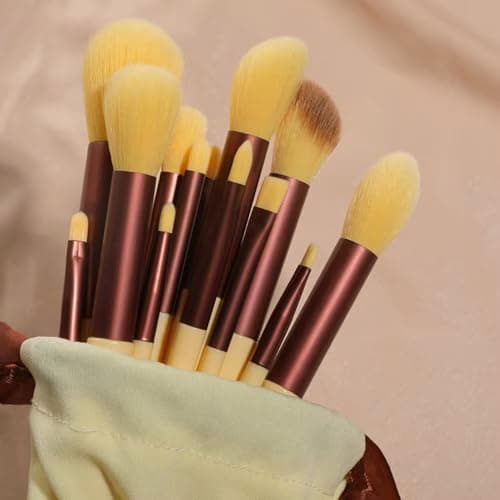 Image of 13 Pcs Makeup Brush Set with Travel Pouch – D.Sirez's Professional Synthetic Makeup Brushes for Foundation, Powder, Eyeshadow etc. – Soft Vegan Bristles, Perfect for Beginners & Gift Set (Yellow)