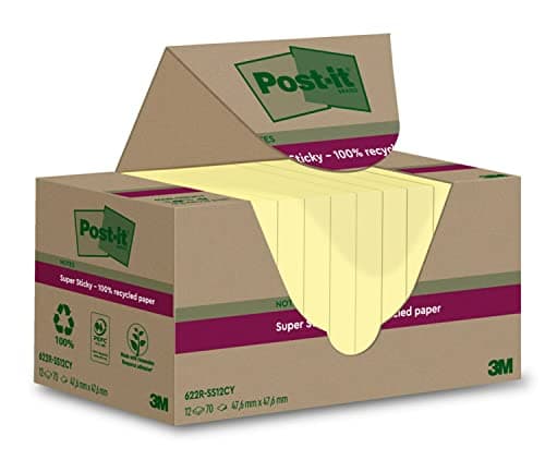 Image of Post-it Self-Stick Note, Notebook, 12 Pads x 70 Sheets each, 47.6 mm x 47.6 mm, Canary Yellow, Extra Sticky, 100% Recycled