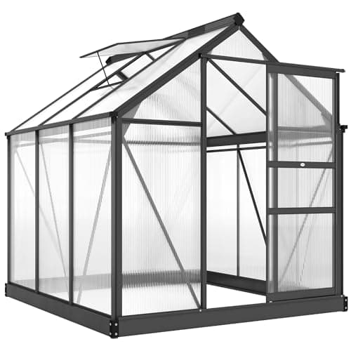 Image of Outsunny 6 x 6ft Polycarbonate Greenhouse, Large Walk-In Green House with Slide Door and Window, Garden Plants Grow House with Aluminium Frame and Foundation, Grey