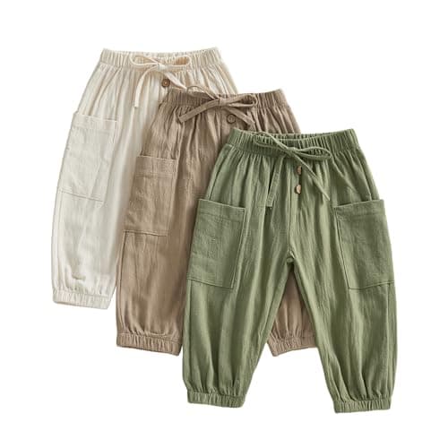 Image of JCOPLY Unisex Baby Pants Pack of 3 Toddler Boys Joggers Kids Girls Trousers Solid Color Elastic Waist Bottoms Soft Cotton Cargo Pants Casual Trousers (Green, 18-24 Months)