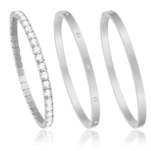 Image of tixeuoi 3 PCS Bracelets for Womens Silver Bangles for Women, Tennis Bracelets for Women Silver Bracelet for Womens Bracelets, Bangles for Women, Ladies Bangle Bracelet Stack Gift for Birthday Party