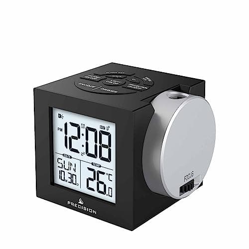 Image of Precision radio controlled projection alarm clock black projection indicator, snooze indicator, 12 hr format with PM indicator, Alarm, indoor temp Clock AP057