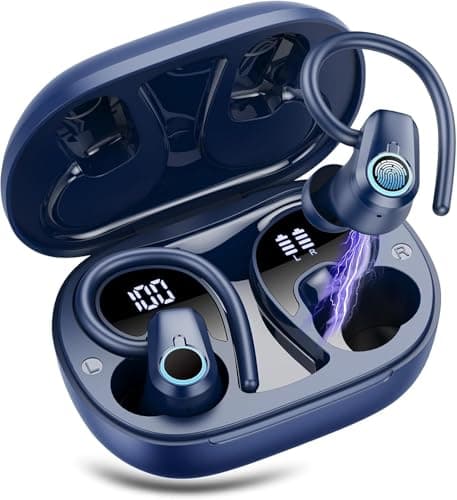 Image of Wireless Earbuds, Bluetooth 5.3 Headphones with 4 ENC Noise Canceling Mic, 50H Stereo Dual LED Display Ear Buds, Sport Wireless Earphones with Earhooks, IP7 Waterproof Wireless Headphones Gym, Blue