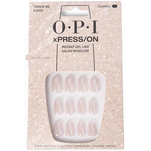 Image of OPI xPRESS/ON Throw Me a Kiss - Pink Shimmer Short Round Press On Nails - With Nail Glue - Long Lasting, Reusable & Non-Damaging Short False Nails
