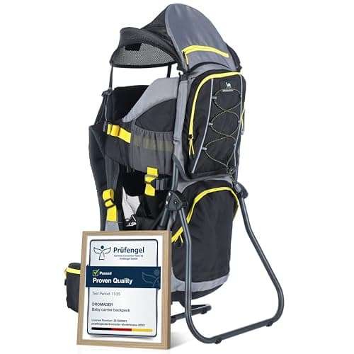 Image of DROMADER Baby Carrier Backpack - Toddler Hiking Backpack with Sun Canopy, Rain Cover, Insulated Pouch, Changing Mat & One-Hand Foldable Frame - Black and Yellow