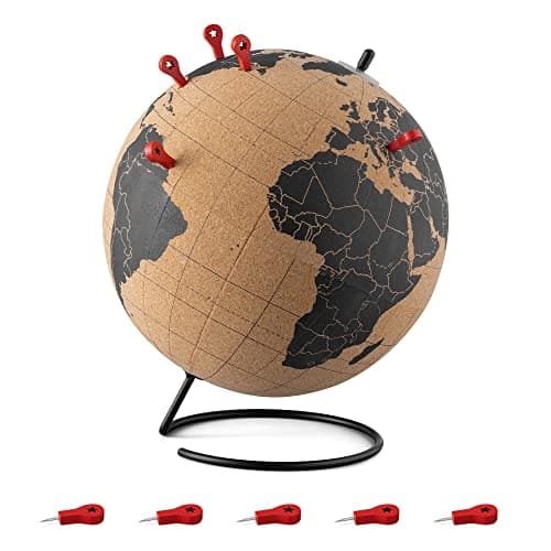 Image of Navaris Cork Globe with Pins - 20cm (8") Globe Travel Decor World Map with Push Pin Markers - Includes 10 Wood Location Marker Pushpins - Size M, Black Print