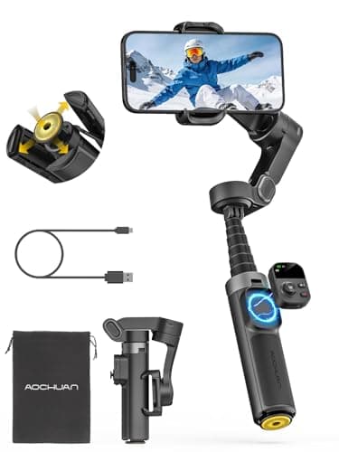 Image of AOCHUAN 360° Pan Rotation Gimbal Stabilizer for iPhone, Magnetic Remote Vontrol, 3-Axis Stabilizer w/Built-in Extension Rod & One-Touch Open Tripod, 3-in-1 Foldable Phone Gimbal for Vlogging, Travel