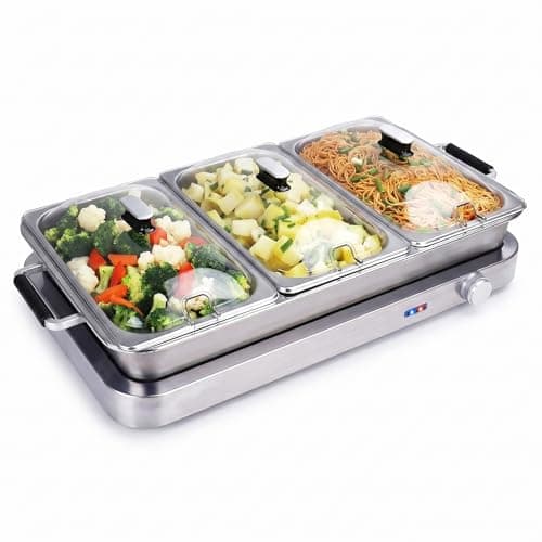 Image of Callow Large Stainless Steel Buffet Warmer - Warm Function, Stainless Steel Buffet Warmer, Hotplate, Food Warmer Server, 3 x 2.5L Large trays plus one Large Single Tray & 3 Serving Spoons Included