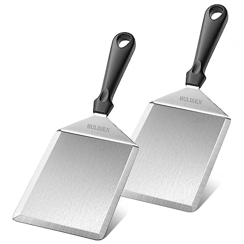 Image of HULISEN Stainless Steel Spatula 2 pcs, 6 x 5 Inch Large Metal with Cutting Edges, Griddle for Smashed Burger, Essential Flat Top Grill Accessories, Outdoor (B0430-2)