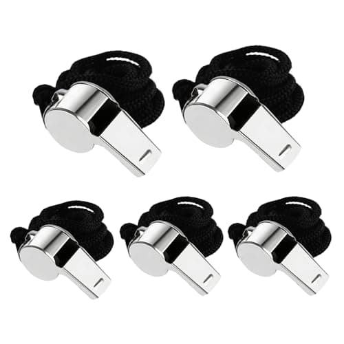 Image of Honoflux 5 Pack Stainless Steel Outdoor Whistles with Lanyard, Loud & Crisp Sound, Ideal for Referees, Coaches