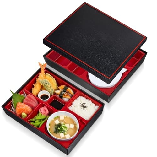 Image of Teenyyou 2 Pcs Japanese Lunch Box Divided Bento Box with Greaseproof Adult Japanese Bento Lunch Container for Sushi Home Restaurant(6 Compartments and Bowl)