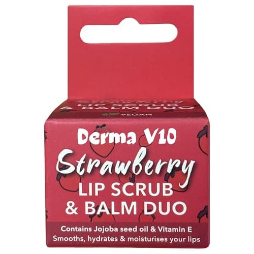 Image of Derma Strawberry Lip Scrub & Balm Duo – Exfoliating Lip Treatment Set with Jojoba Seed Oil & Vitamin E – Smooths, Hydrates & Moisturises Lips – Vegan Lip Care for Soft, Kissable Lips