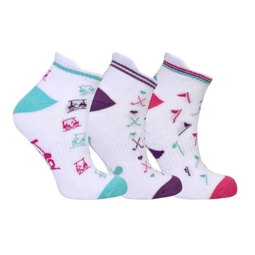 Image of Surprizeshop Ladies Golf Socks (3 Pack) | Cushioned Sole | Extended Tab at rear | One Size UK 4-7 | Compression Fit for Support & Comfort | Womens Golf Socks… (White - Ankle Socks)