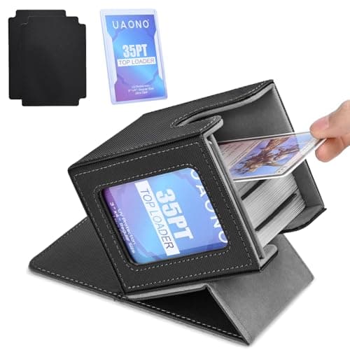 Image of UAONO Card Deck Box with MTG Commander Display, Patented Design Card Deck Case Holds 100+ Double-Sleeved Cards, PU Leather Cards Storage Box for TCG with 2 Dividers, 1 Top Loader (Black)