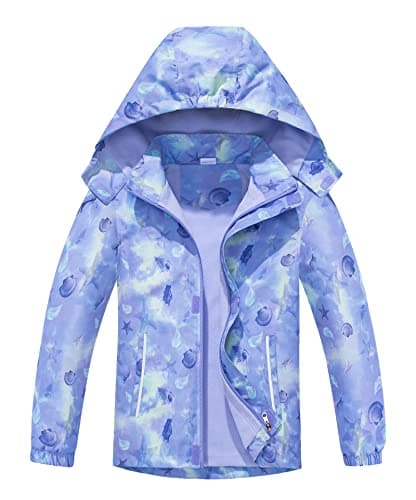 Image of CAMLAKEE Girls Waterproof Jackets Kids Raincoats FLeece Lined Printed Hooded Coat Outdoor Windbreaker Violets UK:12-13 years (manufacturers's size: 160)