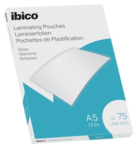 Image of Ibico A5 Laminating Pouches, 150 Micron (2x75), High Document Protection & Durability, Pack of 100, Gloss Finish, Crystal Clear, 627314