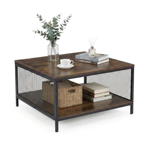 Image of COSTWAY 2-Tier Coffee Table, Industrial Square Cocktail Center Table with Open Storage Shelf, Metal Frame Wooden Accent Sofa Side Tea Tables for Living Room and Office, 80x80x45cm, Rustic Brown+Black