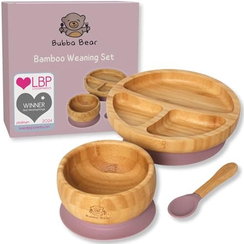 Image of Bubba Bear Baby Bamboo Weaning Set | Toddler & Babies Plates & Bowls with Suction | Childs Led Feeding Plate, Bowl and Spoon Set | Wooden Dinner Essentials Sets for Kids | Eco Friendly & BPA Free
