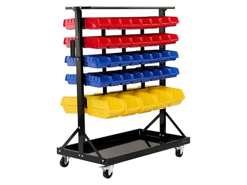Image of The Workplace Depot Mobile Bin Storage Trolley – Louvred Panel Rack with 74 Colour-Coded Bins – Industrial Steel Frame, Locking Castors – Perfect for Garages & Factories