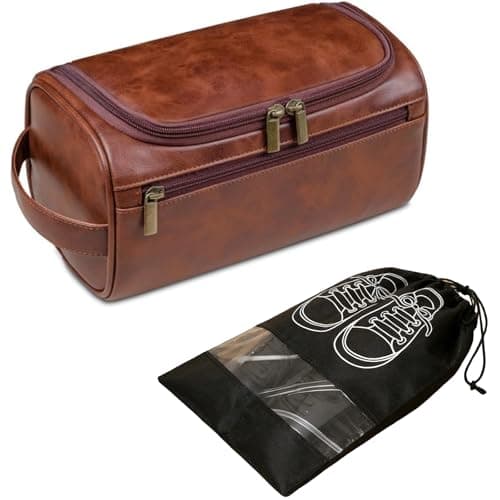 Image of Large Brown Leather Mens Wash Bag with Black Shoe Bag, Toiletry Organizer Men for Travel Business, Hanging Washbag, for Traveling and Working Outside, It is an Ideal Travel Gift(25x14CM)