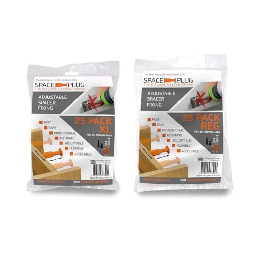Image of Space-Plug Mixed Installer Pack - Regular Spacers (25 Pack) for 30-50mm gaps and XL Spacers (25 Pack) for 45-80mm gaps, professional & DIY use for kitchen, bedroom, bathroom & furniture installations
