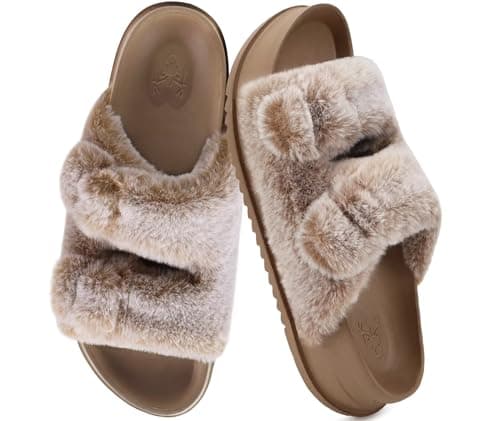 Image of KuaiLu Women's Fluff Slippers Plantar Fasciitis Comfortable Platform Sandals with Arch Support Ladies Open Toe Faux Fur Sliders Womens House Slipper, Camel Brown UK 5.5