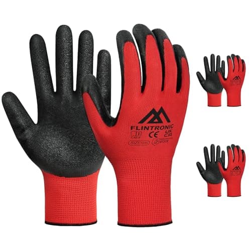 Image of Flintronic 3 Pairs Safety WorkGloves, Latex and Nitrile Coated, Non-Slip Work Handling Gloves, Firm Grip Protective Working Gloves for Gardening, Builders, General Duty (XL - Size 10, Red)