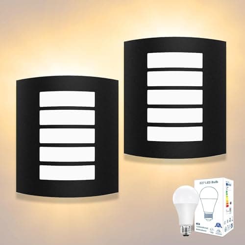 Image of Unikcst 2X Outside Wall Lights Mains Powered IP44 Waterproof Outdoor Wall Light Matte Black External Sconce Lamp for Front Door Porch Indoor, Incl.12W LED E27 Bulbs Warm White