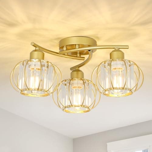 Image of Stepeak Crystal Ceiling Lights Living Room, 3-Lights Crystal Chandeliers Ceiling Light, Gold Ceiling Light with Glass Lampshades, Bathroom Lights Ceiling, Hallway Light Ceilings for Bedroom, Kitchen