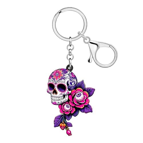 Image of LONYOO Acrylic Rose Flower Skull Keychain Halloween Accessories Spooky Sugar Skull Gifts for Women Girls Bag Purse Key Charms (Purple)