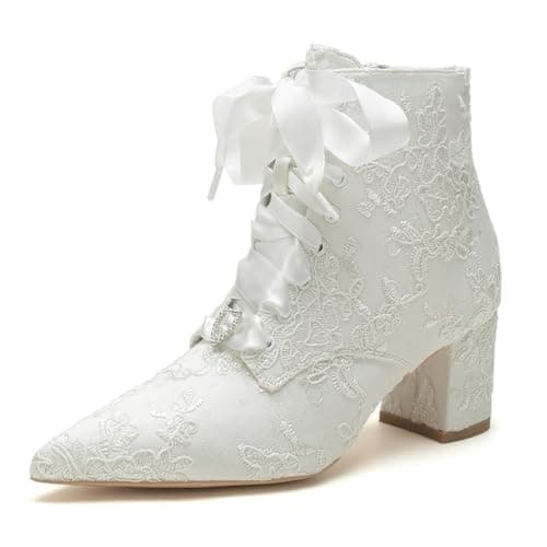 Image of HFWXYSA Women's Ankle Boots Vintage Floral Embroidered Low Block Heel Pointed Toe Side Zip Lace up Ankle Bootie Wedding Dress Short Booties,Ivory,6 UK