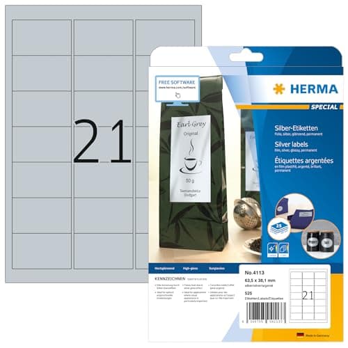 Image of HERMA Silver Foil Labels A4, 63.5 x 38.1 mm, 525 Labels (25 Sheets), Weatherproof, Permanent Adhesion, Suitable for Laser Printers