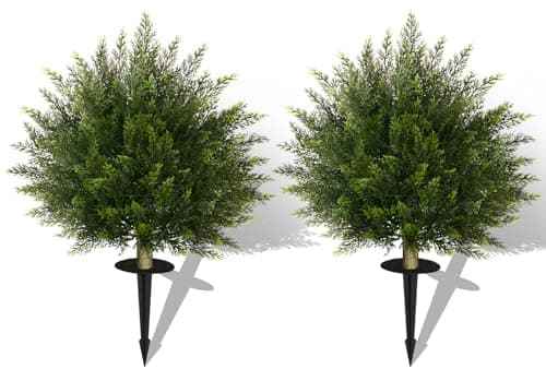 Image of Vitalismo Set of 2 Artificial Cedar Topiary Ball Tree with Ground Spike, Indoor Outdoor Decorative Faux Shrub Bushes Plants Fake Greenery Cypress for Front Porch Garden Patio Home Office