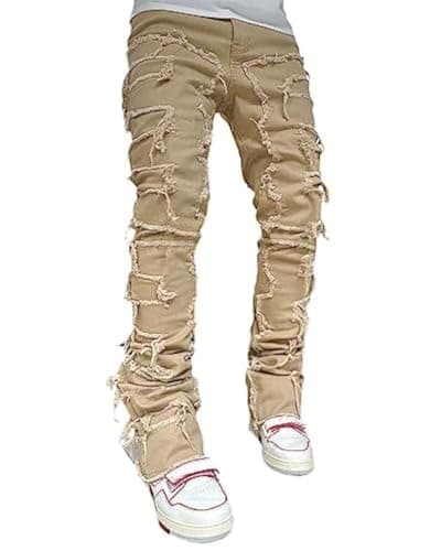 Image of Stacked Jeans Men Skinny Ripped Jeans Slim Fit Patchwork Denim Pants Y2K Goth Harajuku Emo Hip Hop Jeans Trouser, Beige, X-Large