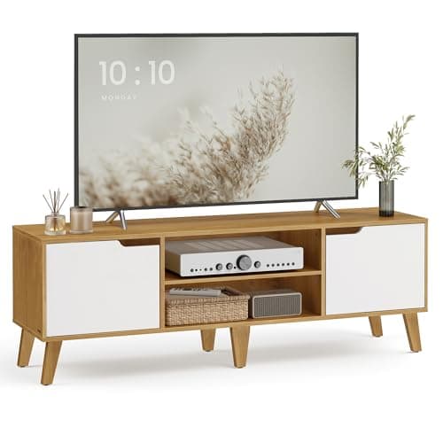 Image of VASAGLE TV Stand Unit, Entertainment Center with Adjustable Shelf, for 65 Inch TVs, 147 cm Long Media Console Table, Transitional Style, for Living Room, Bedroom, Natural Oak and Cream White LTV556Y01