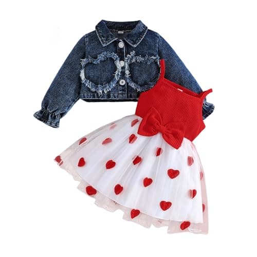 Image of JCOPLY Baby Girl Dress and Cardigan Set Heart Print Bow Decor Cami Tutu Dress Long Sleeve Lapel Denim Jacket Kids Girls Fashion Outfit Autumn Clothes (Red, 12-18 Months)