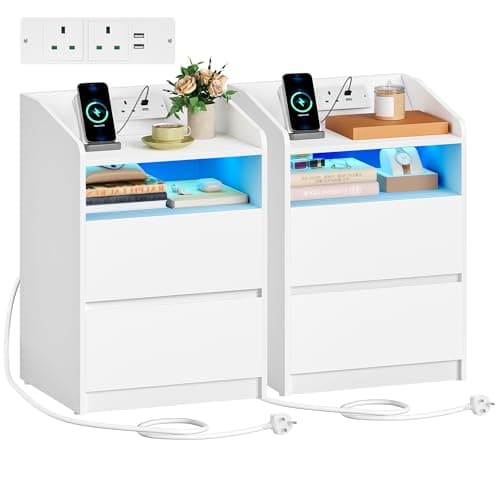 Image of Hzuaneri Bedside Tables Set of 2 with Power Strip, Bedside Cabinet with 2 Drawers, Side Table with LED, 2 AC and 2 USB Ports, Open Compartment, Nightstand for Living Room, Bedroom, White NS60103XUK