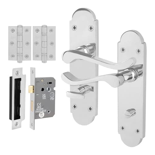 Image of EAI Chrome Bathroom Door Handle Set, 1 Pair Internal Polished Chrome Victorian Scroll Shaped Backplate, Hinges and Lock 64mm