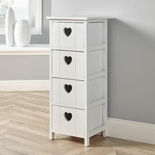 Image of Home Source Chest of Drawers, Wooden Storage Unit Bedroom Organiser Bedside, Love Heart Design, 4 Drawer, White