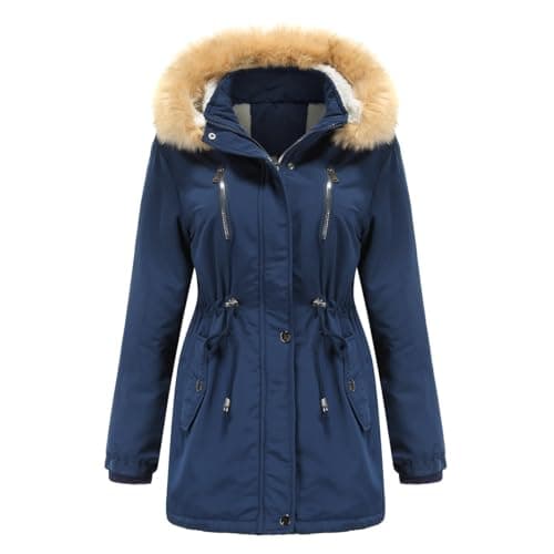 Image of YFFUSHI Women Warm Faux Fur Hooded Jacket Long Sleeves Fleece Lined Winter Coat Fashion Winter Parka Outerwear
