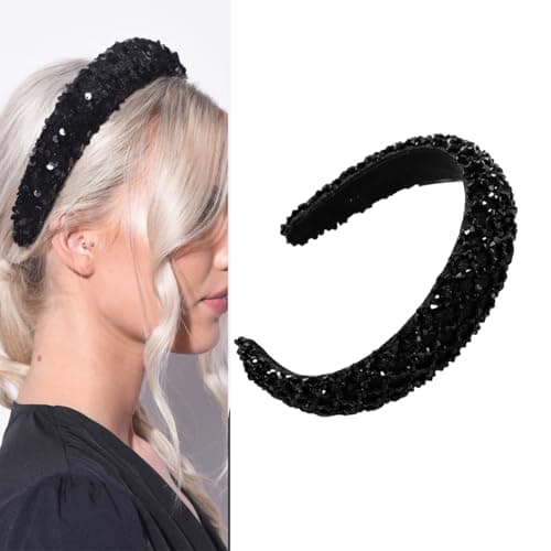 Image of scicent Black Headband Rhinestone Crystal Embellished Hairbands for Women Girls Vintage Padded Non-Slip Head Band Wide Retro Fashion Hair Styling Accessories 27603