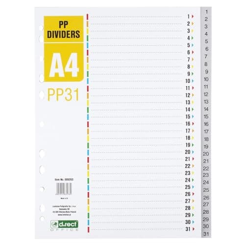 Image of D.RECT Index for A4, PP31, 31 Dividers, Ring Binder, Tabs with Numbers 1-31, Grey, Colour Dividers Made of PP, Polypropylene