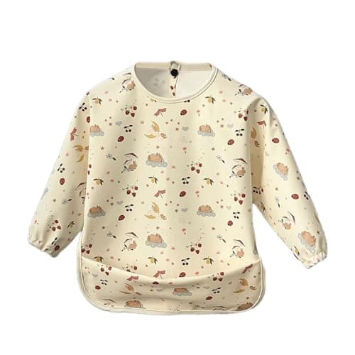Image of Cozozn Baby Weaning Bib Long Sleeves Toddler Feeding Bibs with Arms Back Waterproof Coverall Weaning Bib 2-4 Years, Unicorn Beige