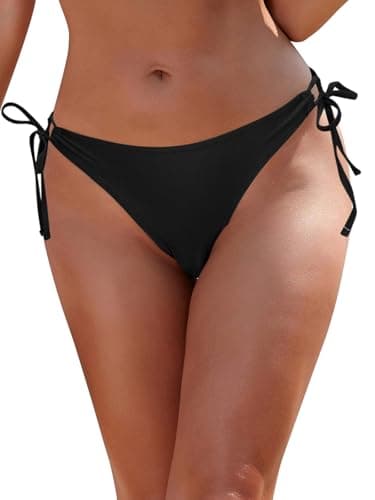 Image of Oheyeseker Women's Bikini Bottom Black Brazilian String Tie Side Swim Bottoms Low Waist Swimsuit Bottom(Medium,Black)