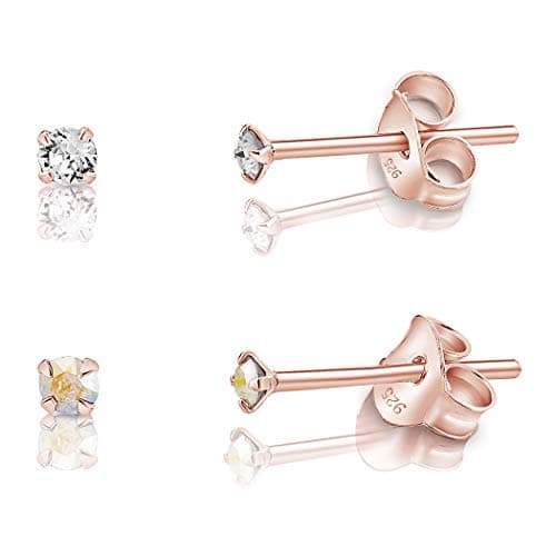 Image of DTPSilver - Set of 2 PAIRS of 925 Sterling Silver Rose Gold plated Round TINY Stud Earrings made with Glittering Crystals from Swarovski® Elements - Diameter: 2 mm - Colour : Aurora Borealis