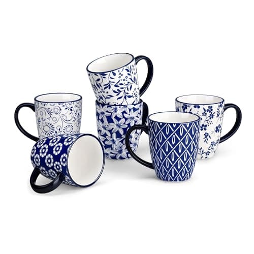 Image of vancasso 12 oz Selene Ceramic Mugs Set of 6, 360 ml Small Vintage Blue-and-White Coffee Cups for Tea, Latte & Cappuccino, Drinkware Gift Set, Microwave & Dishwasher Safe