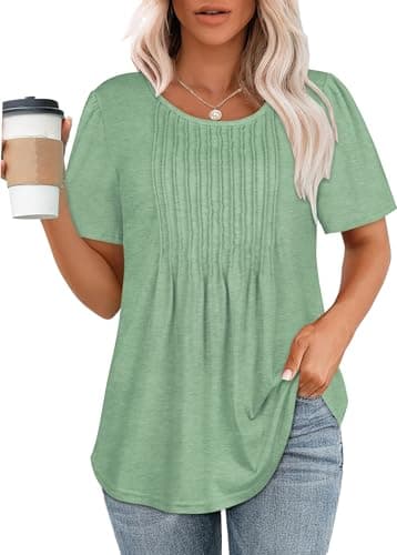 Image of T Shirts for Women UK Summer Tops Short Sleeve Crew Neck Casual Tee Pleated Tunic Blouse(A-Grass Green,M)
