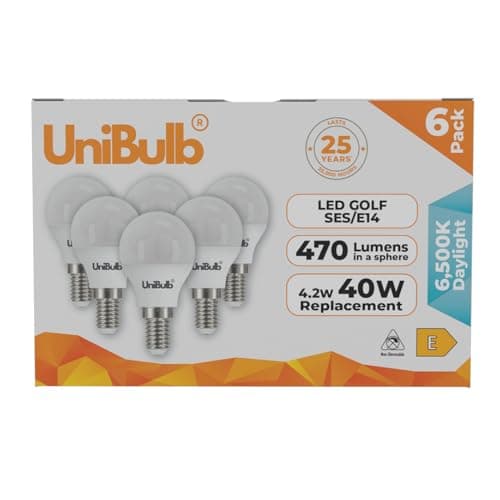 Image of Unibulb E14 Energy Saving LED Light Bulb, Small Edison Screw (SES), 4.2W, 470lm, 40W Equivalent, Daylight 6500K, Golf Ball Bulb, P45, 220-240V, Non-Dimmable, 25,000hr lifespan, Pack of 6