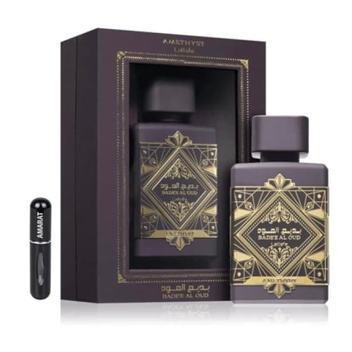 Image of Badee Al Oud Amethyst Original Perfume 100 ml, Eau da Parfum Imported from Dubai with Long Lasting Sweet Aromas, Ideal for Daily and Night Use, Includes Refillable Atomizer 5ML (Amethyst)